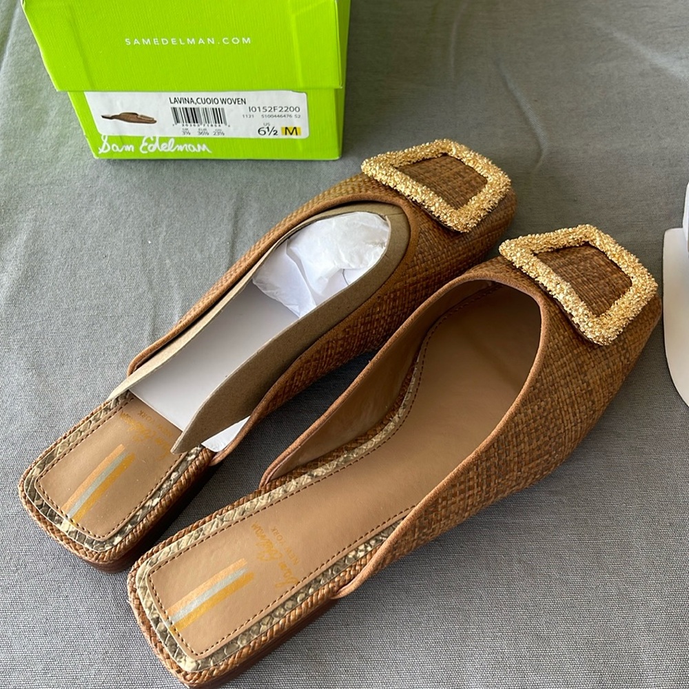 Sam Edelman 6 1/2 Lavinia Tan woven flat mule. Brand new in box